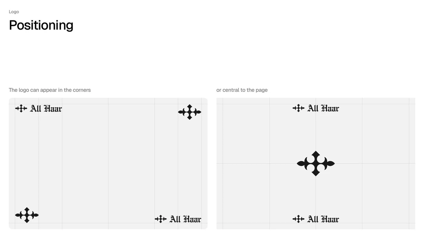 All Haar logo positioning guidelines showing corner and centred placements on a grid