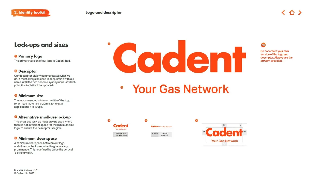 Cadent Gas logo and descriptor lock-ups with minimum sizes and clear space