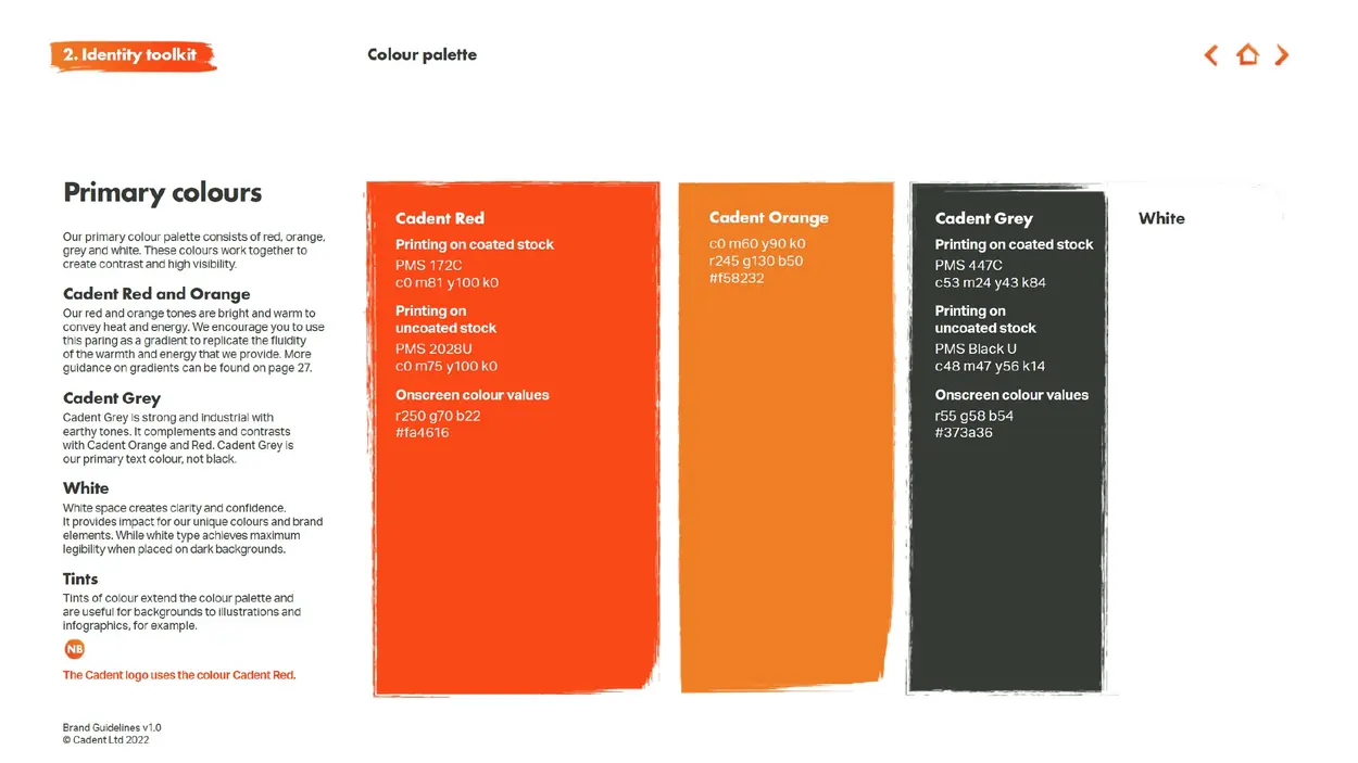 Cadent Gas primary colour palette in red, orange, grey and white
