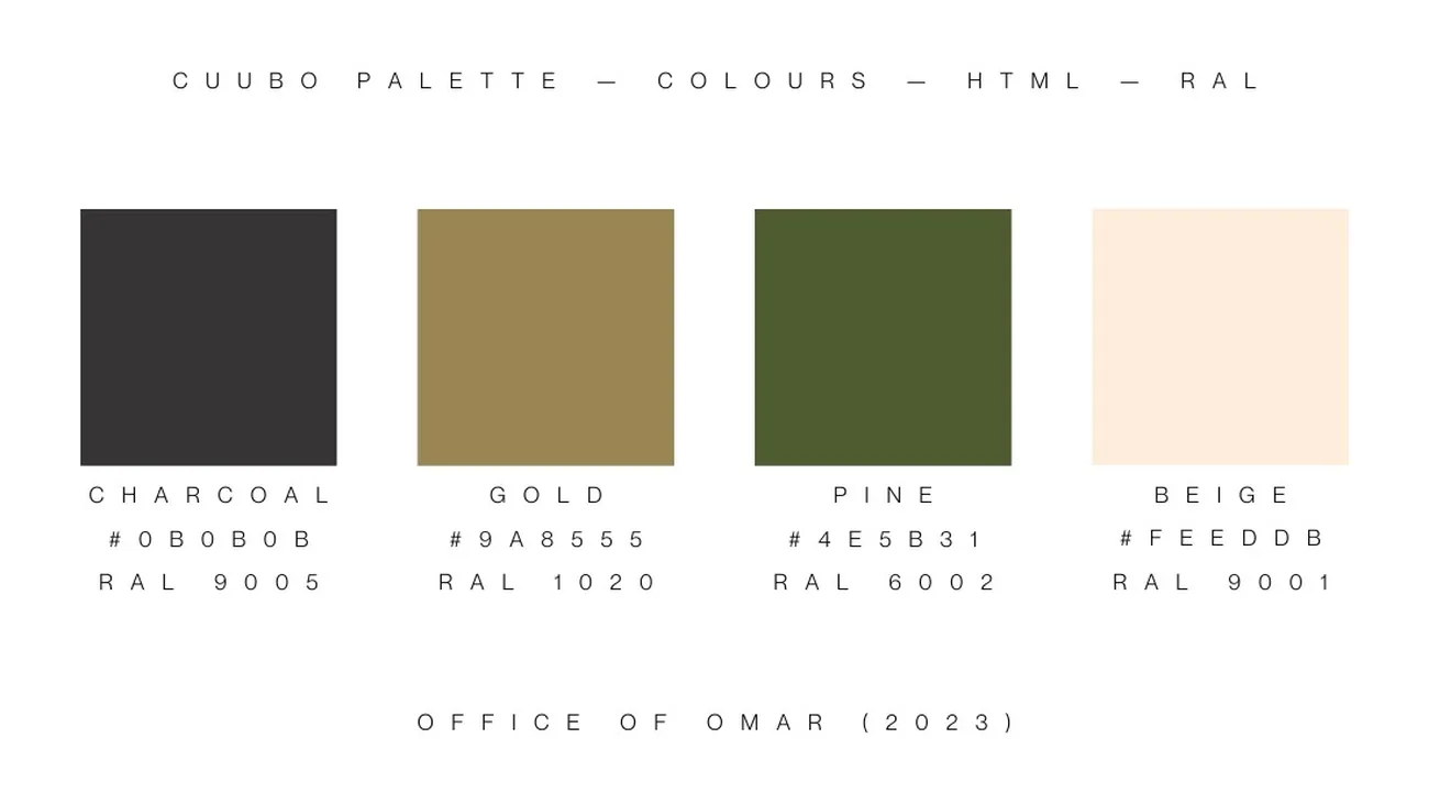 Cuubo colour palette in charcoal, gold, pine and beige