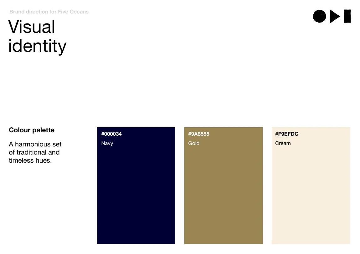 Five Oceans colour palette in navy, gold and cream