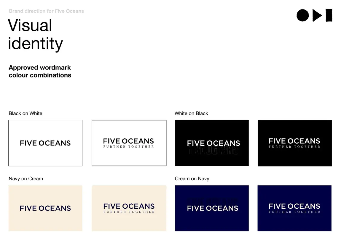 Five Oceans approved wordmark colour combinations