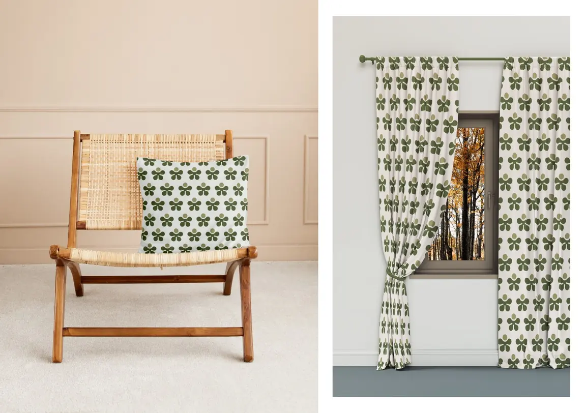 Hebe Care pattern on cushions and curtains