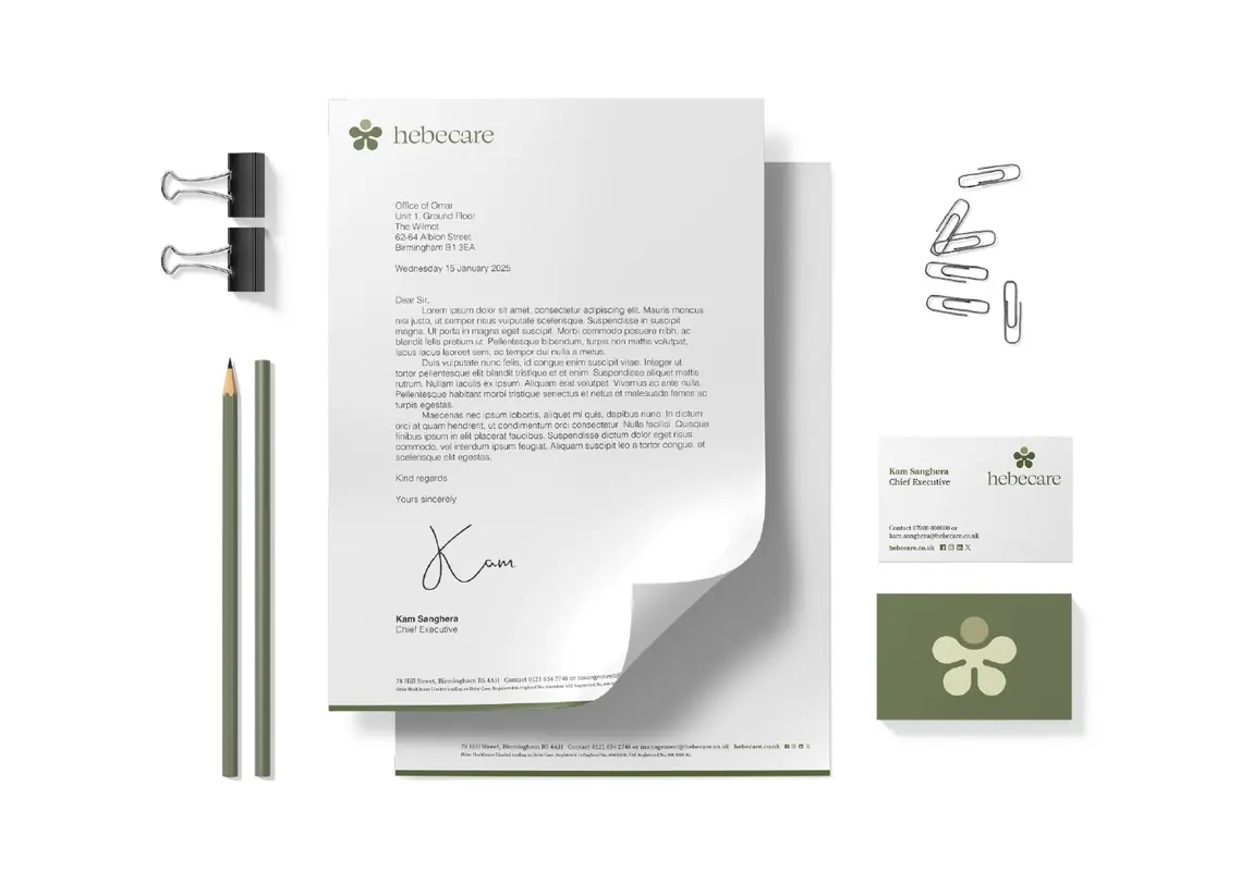 Hebe Care letterhead and business cards