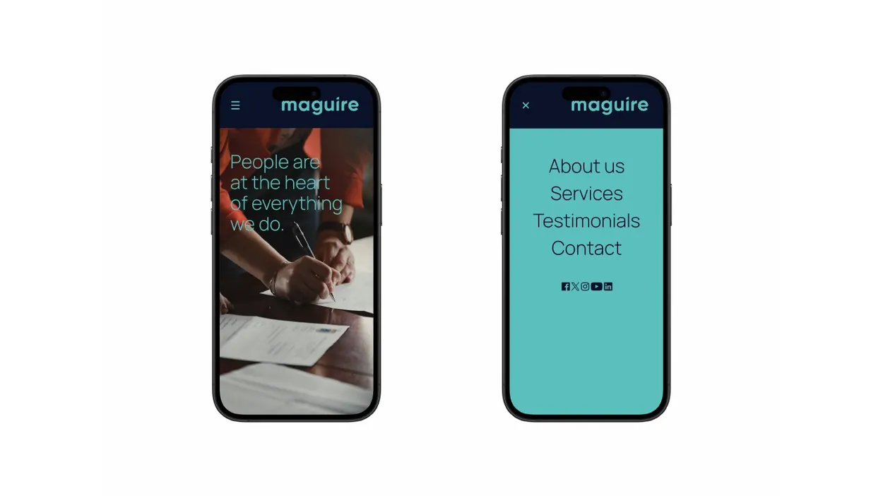 Maguire site on mobile, with menu open