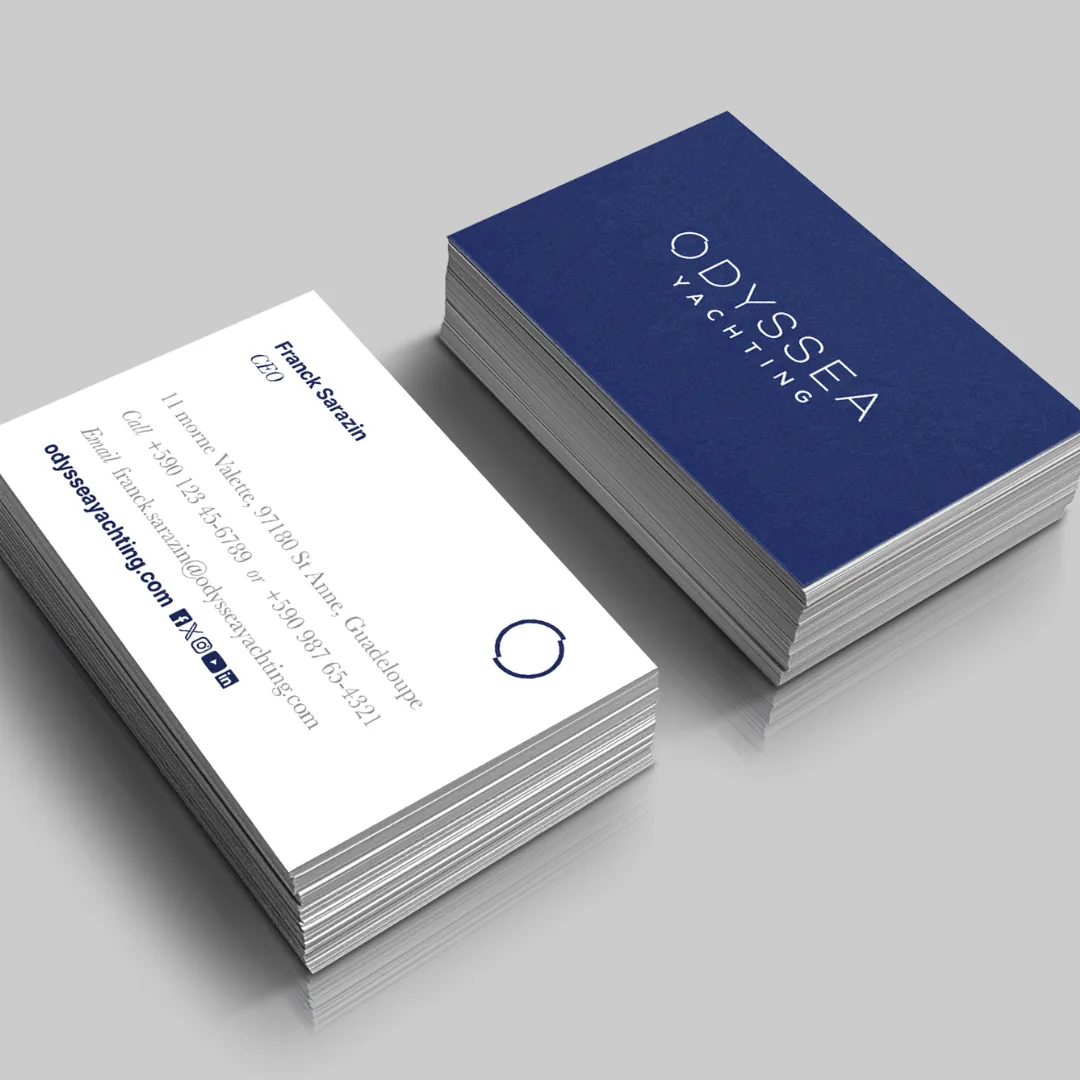 Odyssea Yachting business cards, navy and white