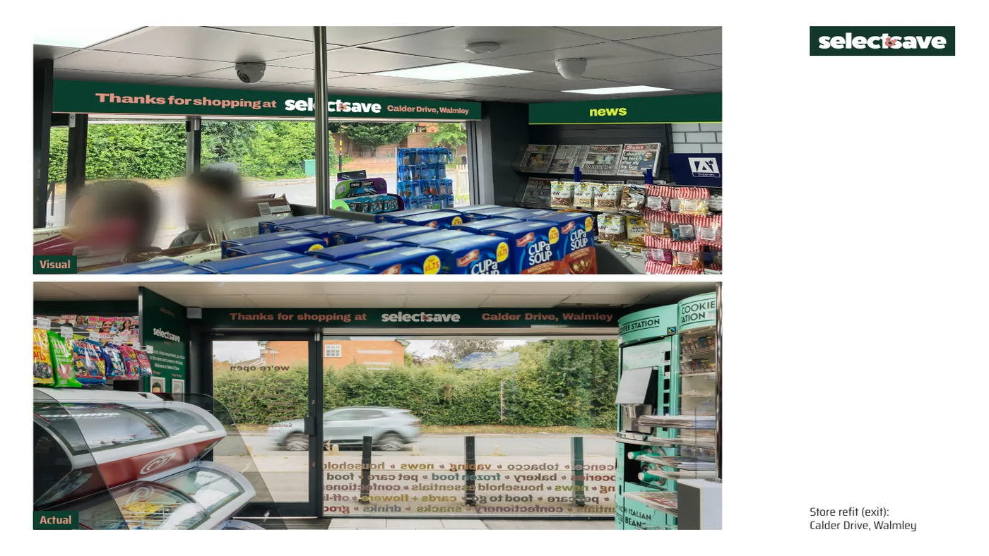 Select & Save exit wall, visual against the finished refit