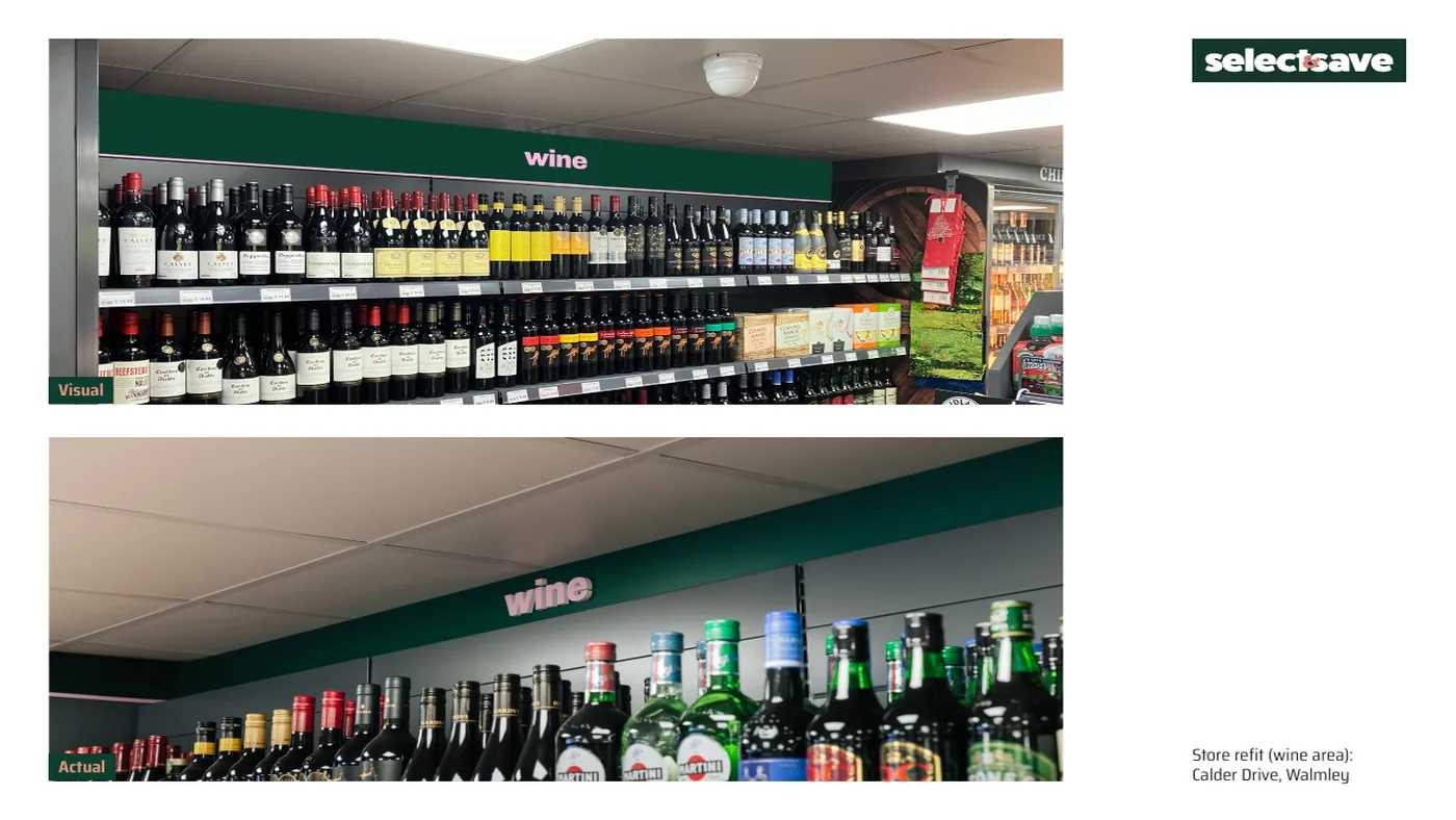 Select & Save wine aisle, visual against the finished refit