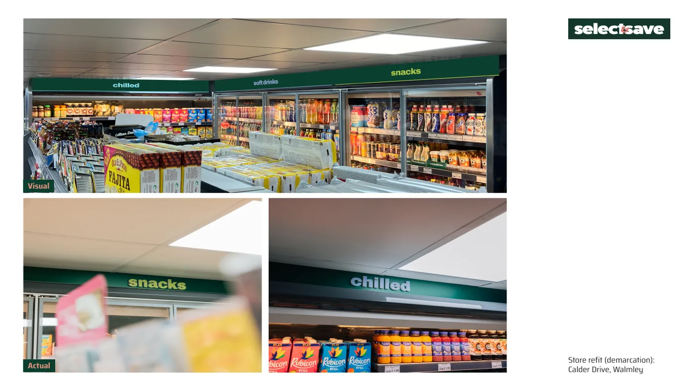 Select & Save aisle demarcation, visual against the finished refit