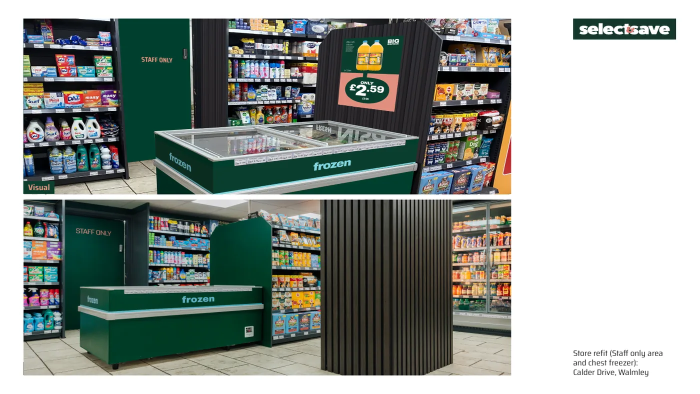 Select & Save staff door and chest freezer, visual against the finished refit