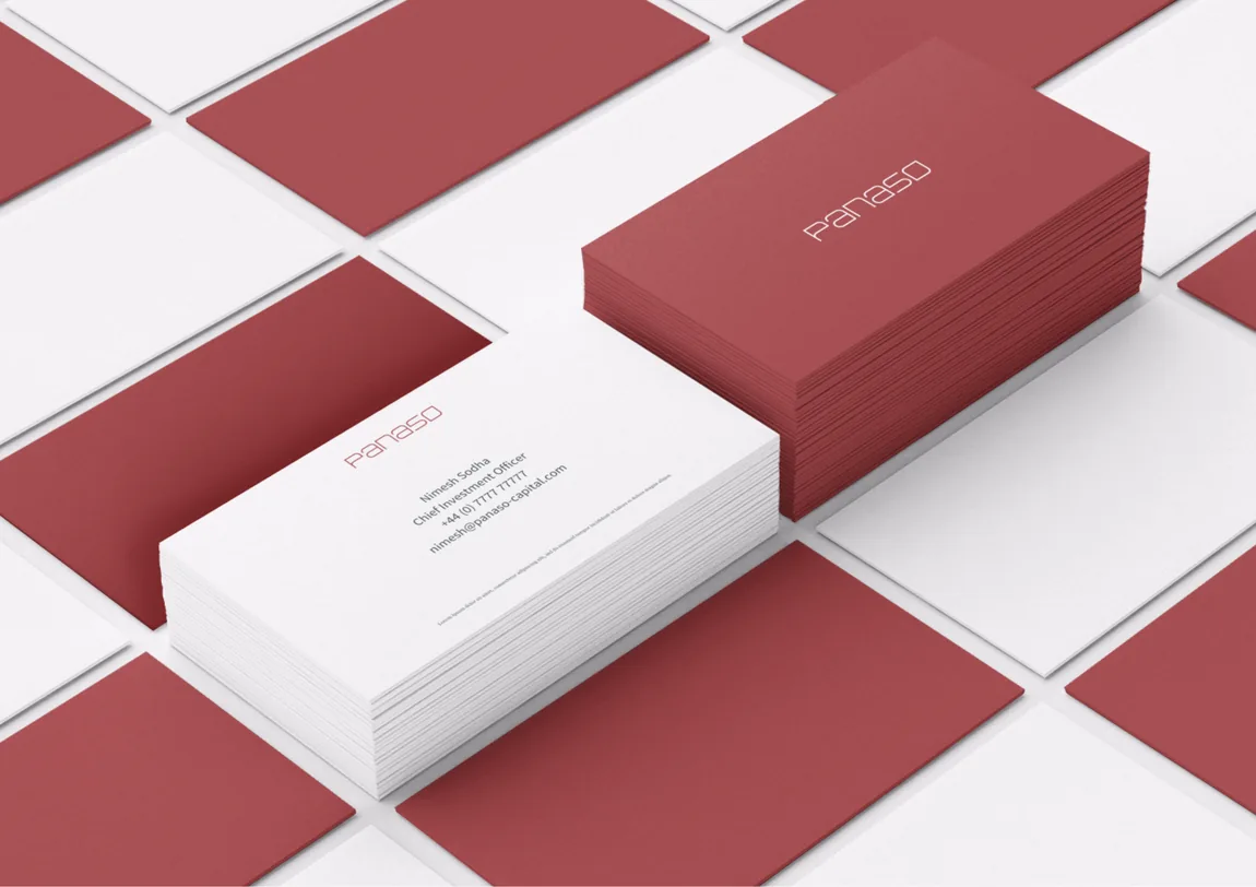 Panaso Capital business cards in red and egg-shell
