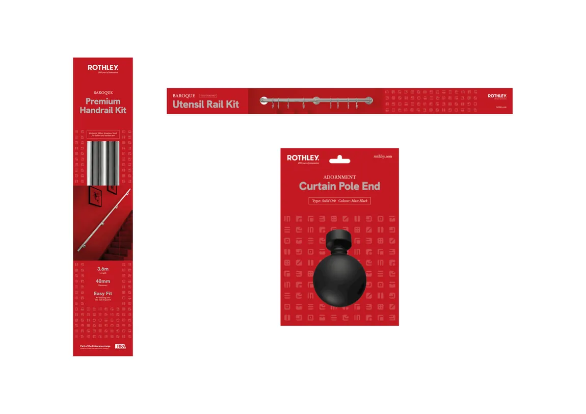Rothley handrail, utensil rail and curtain pole packaging